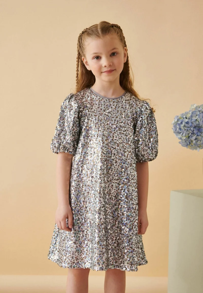 Sequin Puff Sleeve Cocktail Dress / Party Dress - Silver Gold