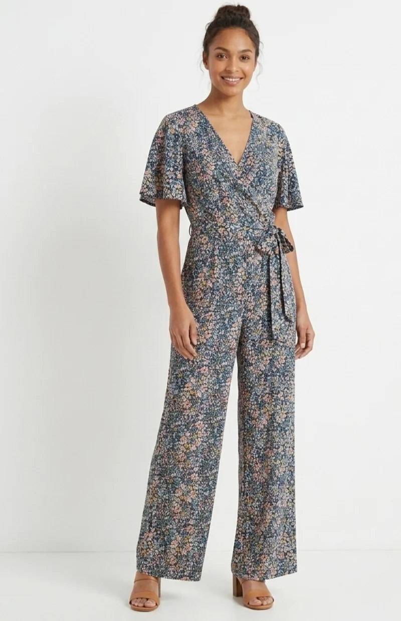 Floral Wrap V Neckline Jumpsuit