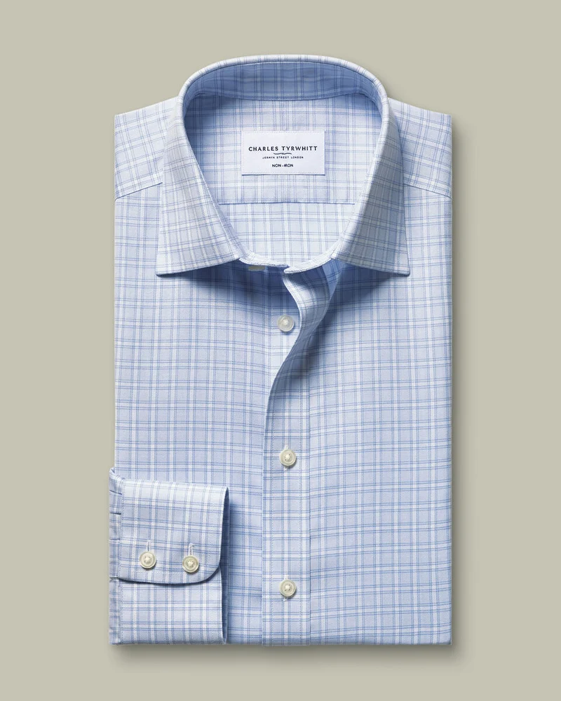 Non-Iron Twill Windowpane Check Slim Fit Shirt – Sky Blue