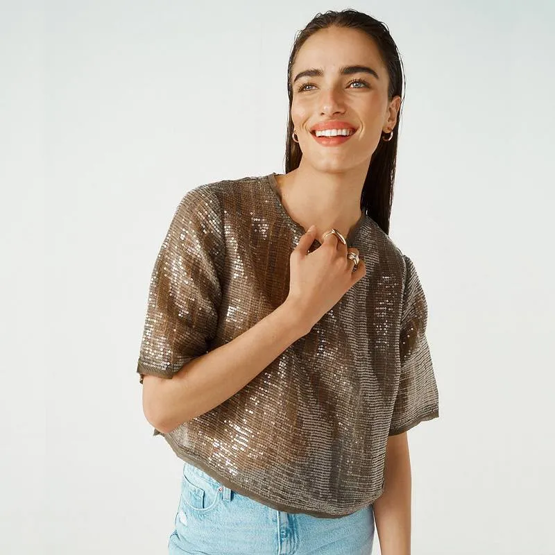 Khaki Green Short Sleeve Sequin T-shirt