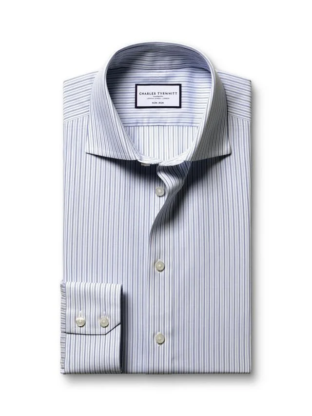 Non-Iron Stripe Cotton Slim Fit Shirt - Mid Blue