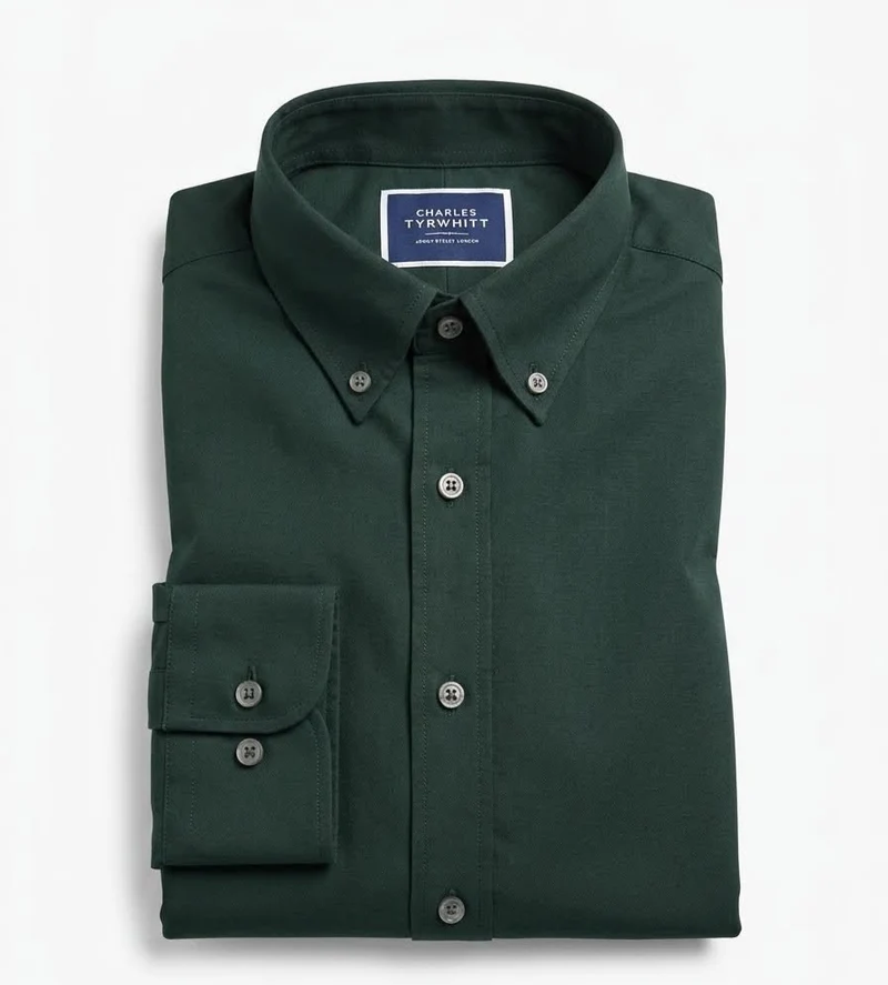 Non-Iron Stretch Washed Oxford Slim Fit Shirt - Forest Green