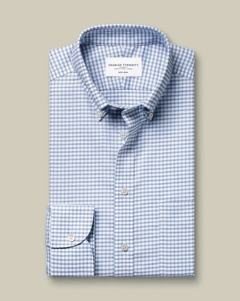 Button-Down Collar Non-Iron Stretch Oxford Check Slim Fit Shirt - Mid Blue
