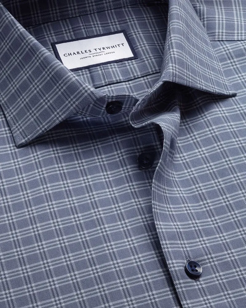 Semi-Cutaway Brushed Cotton Twill Check Slim Fit Shirt - Mid Blue