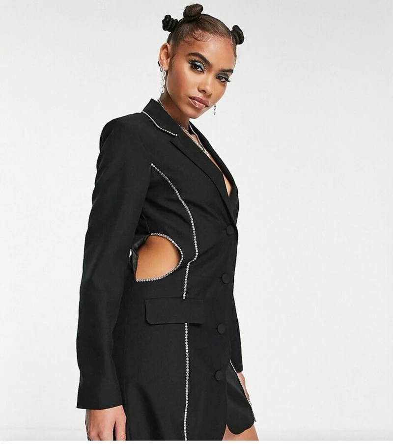 Cut Out Diamante Trim Blazer Dress in Black
