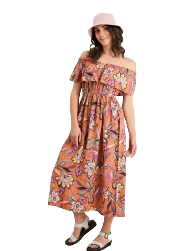 Floral Linen-Rich Bardot Ruffle Midi Dress