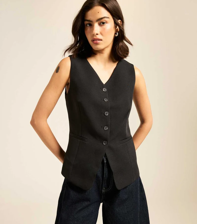 Black V-Neck Button Front Waistcoat