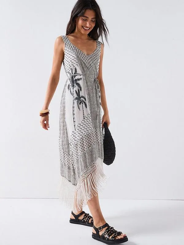 V by Very Fringed Printed Mono Maxi Dress - Print