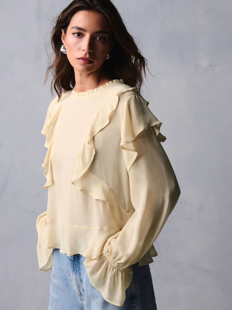 Ecru Ruffle Long Sleeve Blouse