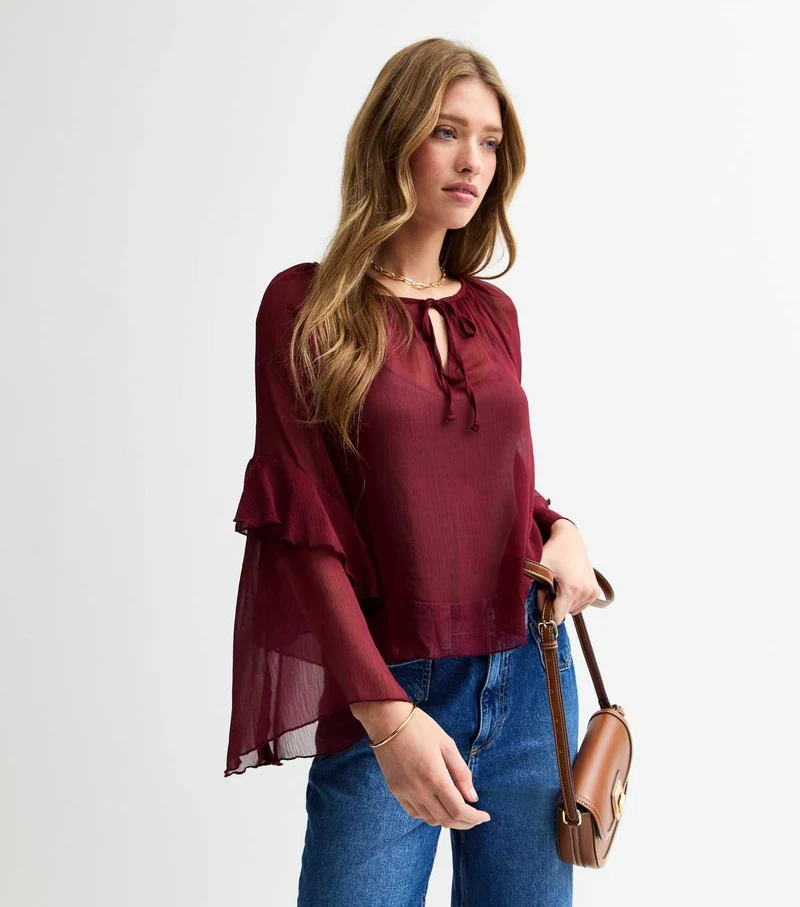 Burgundy Flared Sleeve Tie Neck Chiffon Blouse