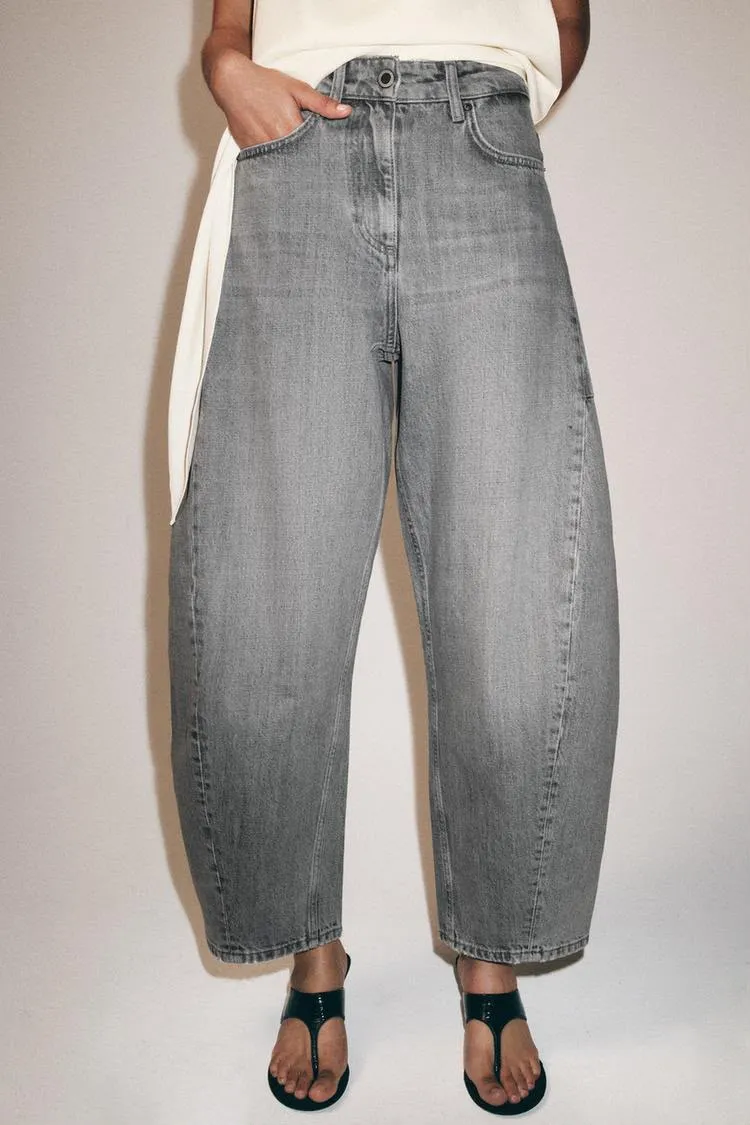 Grey Mid Rise Balloon Leg Jeans