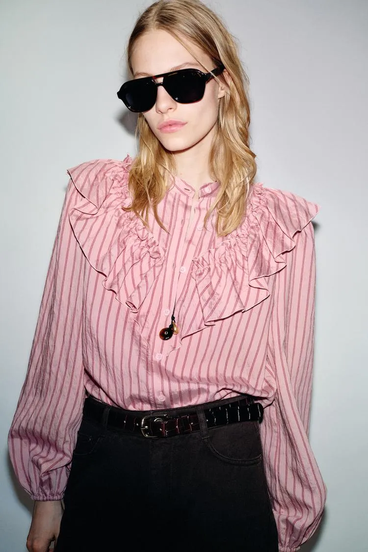 Ruffled Striped Shirt Pink