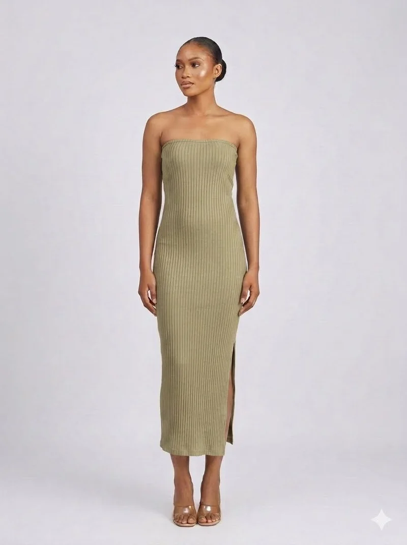 Strapless Ribbed Knit Midi Dress