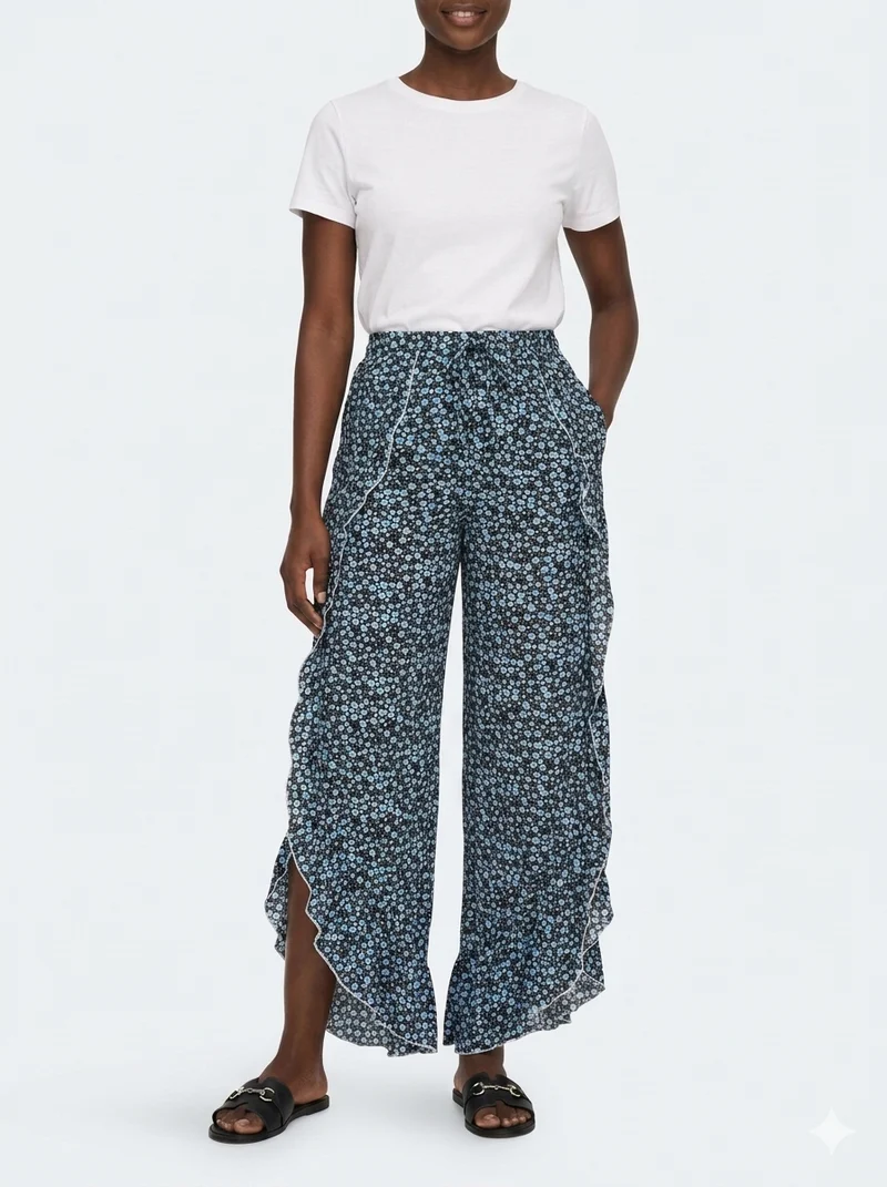 Floral Print Side Ruffle Wide Leg Pants