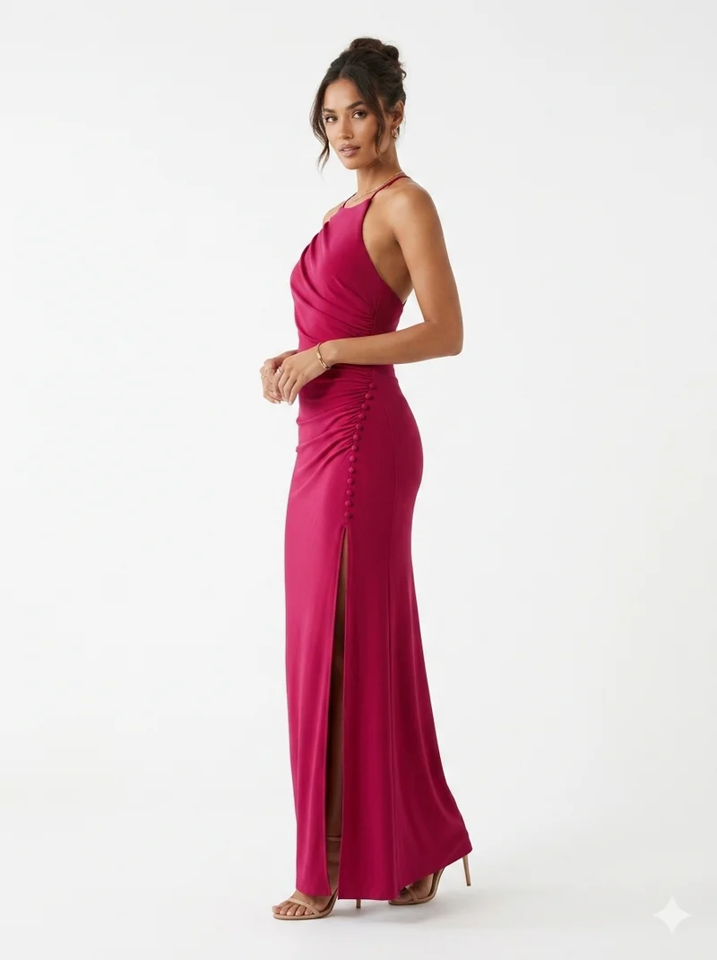 Halter Neck Ruched Maxi Dress