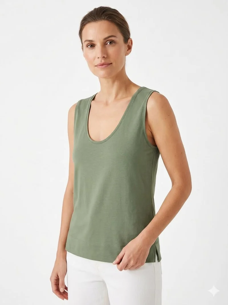 Scoop Neck Vest Top - Khaki Green