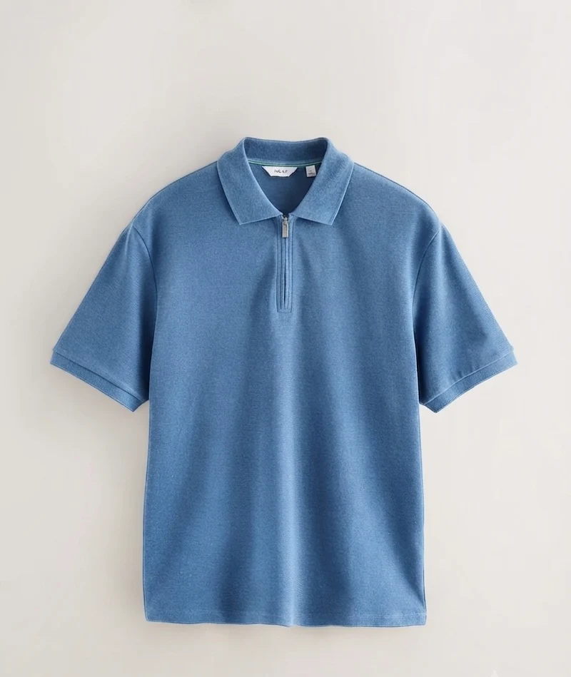 Men’s Textured Zip Neck Polo Shirt – Sky Blue