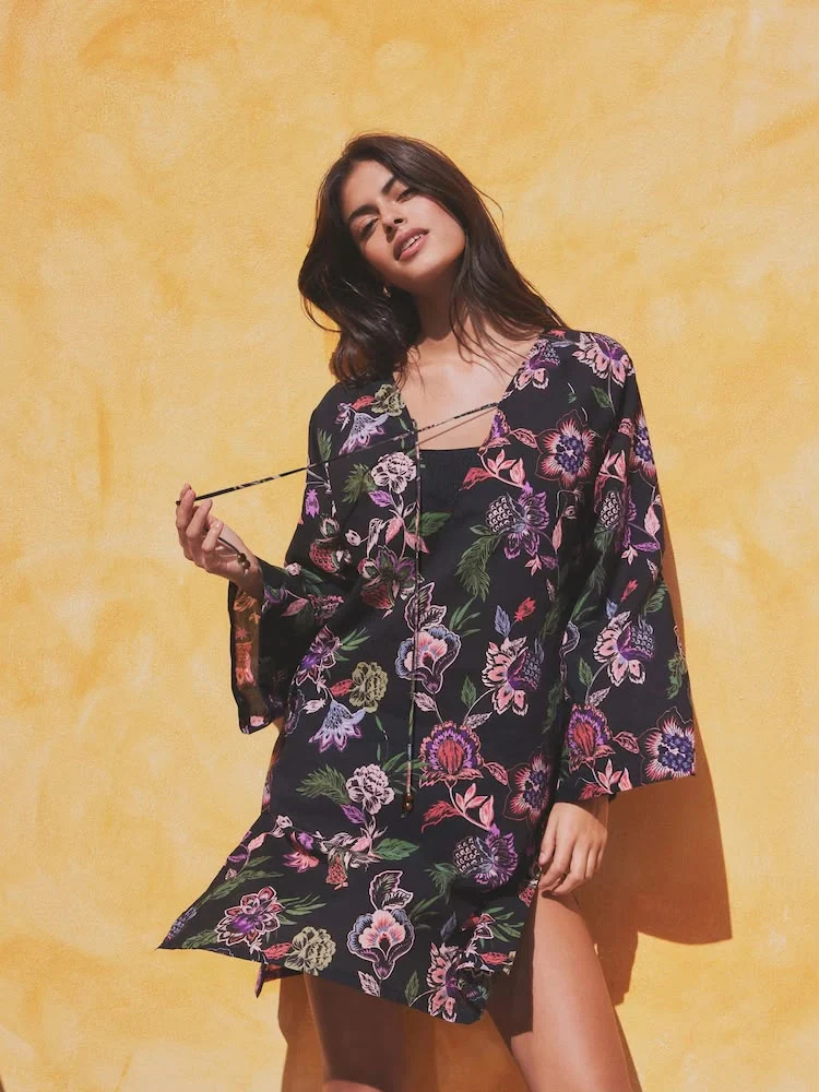 Black Floral Beach Cover-Up Kaftan