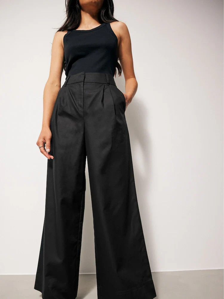Black Cotton Mix Smart Wide Leg Trousers
