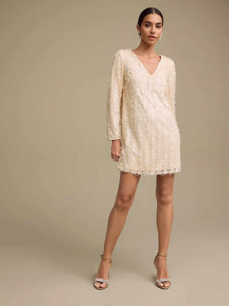Pastel Pink Long Sleeve V- Neck Fringe Sequin Mini Dress