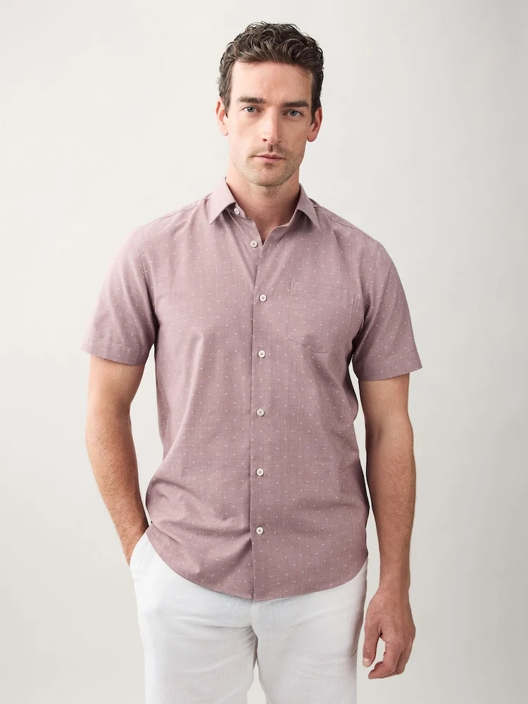 Dusky Pink Regular Fit Short Sleeve Embroided Print Shirt