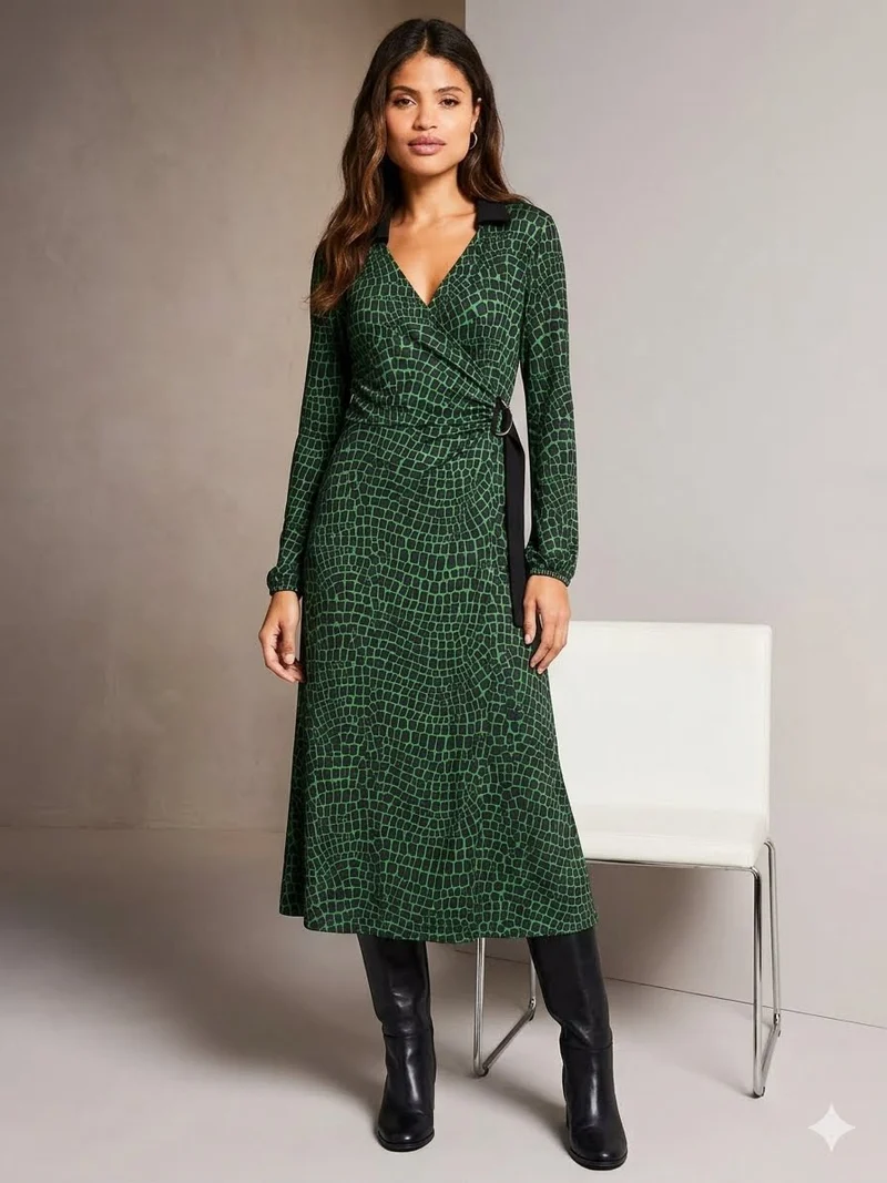 Green Jersey Wrap Midi Dress