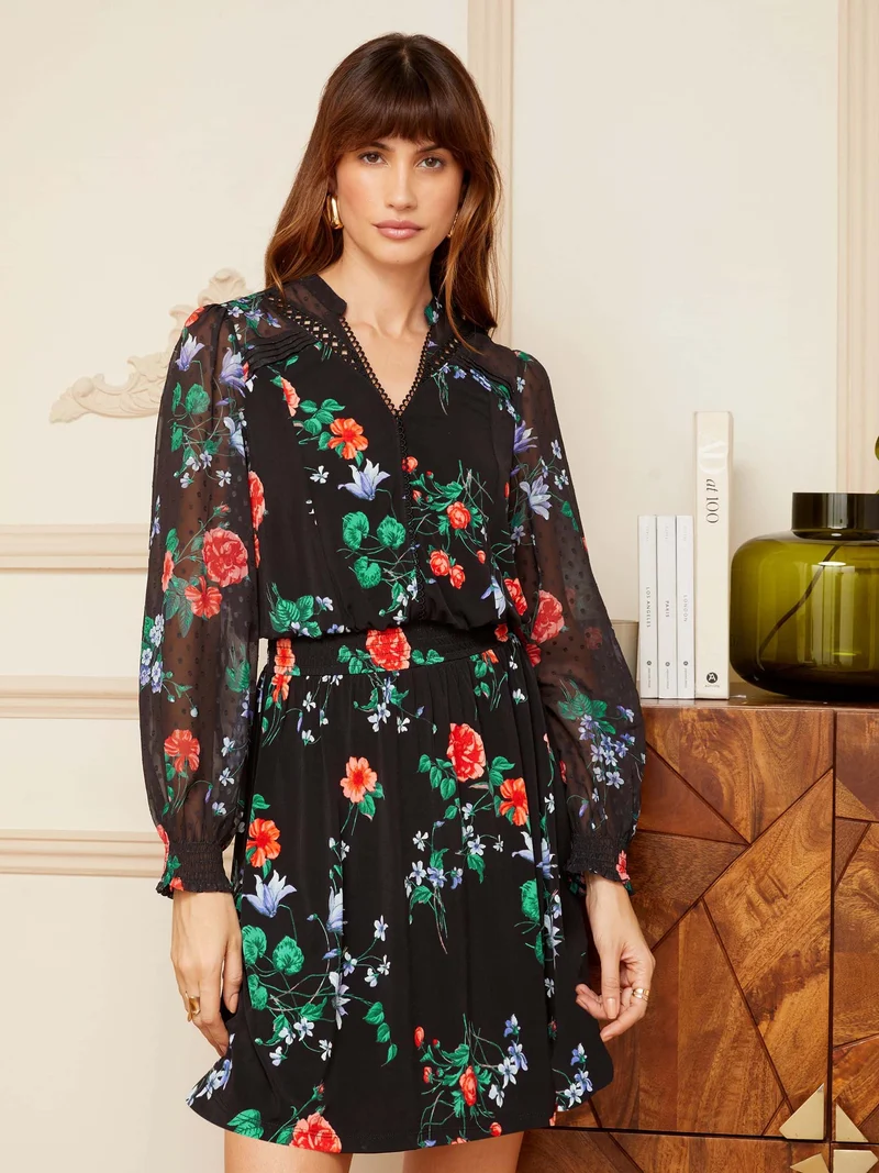 Black Floral Jersey Mix Long Sleeve Mini Dress
