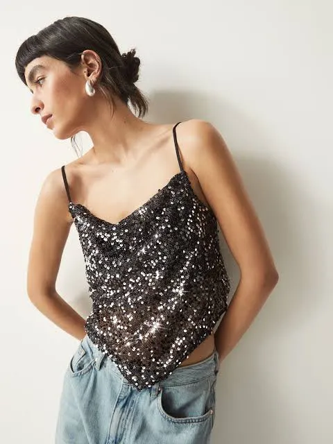 Black Sequin Scarf Cami Top