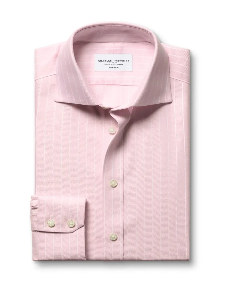 Cutaway Collar Non-Iron Herringbone Stripe Classic Fit Shirt - Light Pink