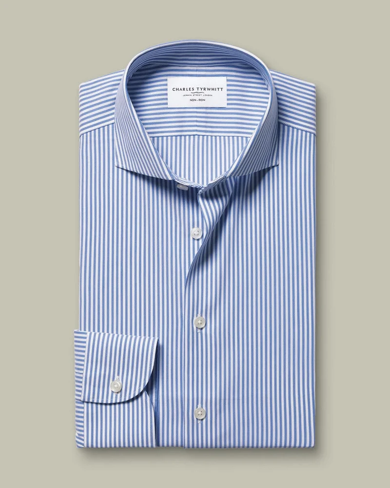 Semi-Cutaway Collar Non-Iron Twill Performance Stripe Slim Fit Shirt - Royal Blue
