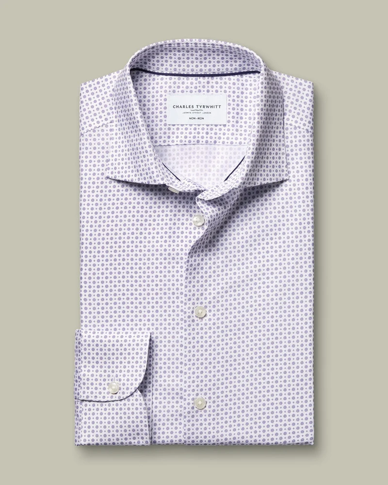Semi-Cutaway Collar Non-Iron Stretch Print Slim Fit Shirt – White & Lilac
