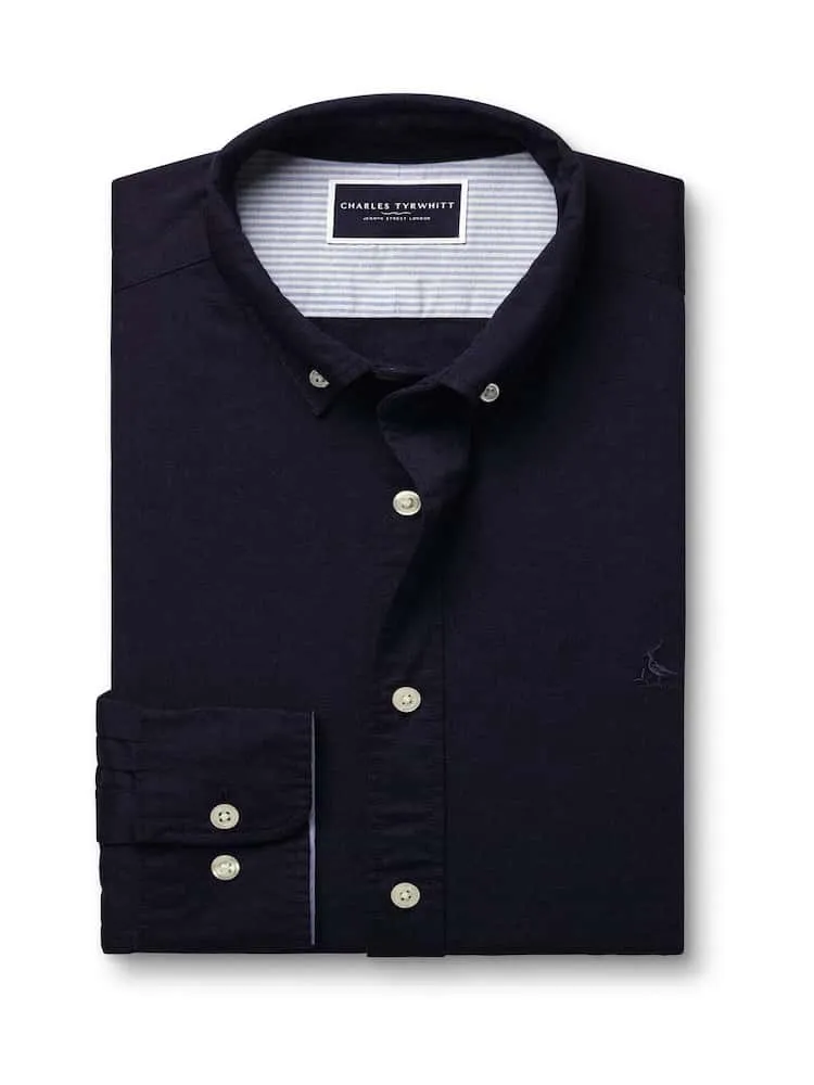 Button Down Collar Stretch Washed Oxford Slim Fit Shirt - Navy Blue
