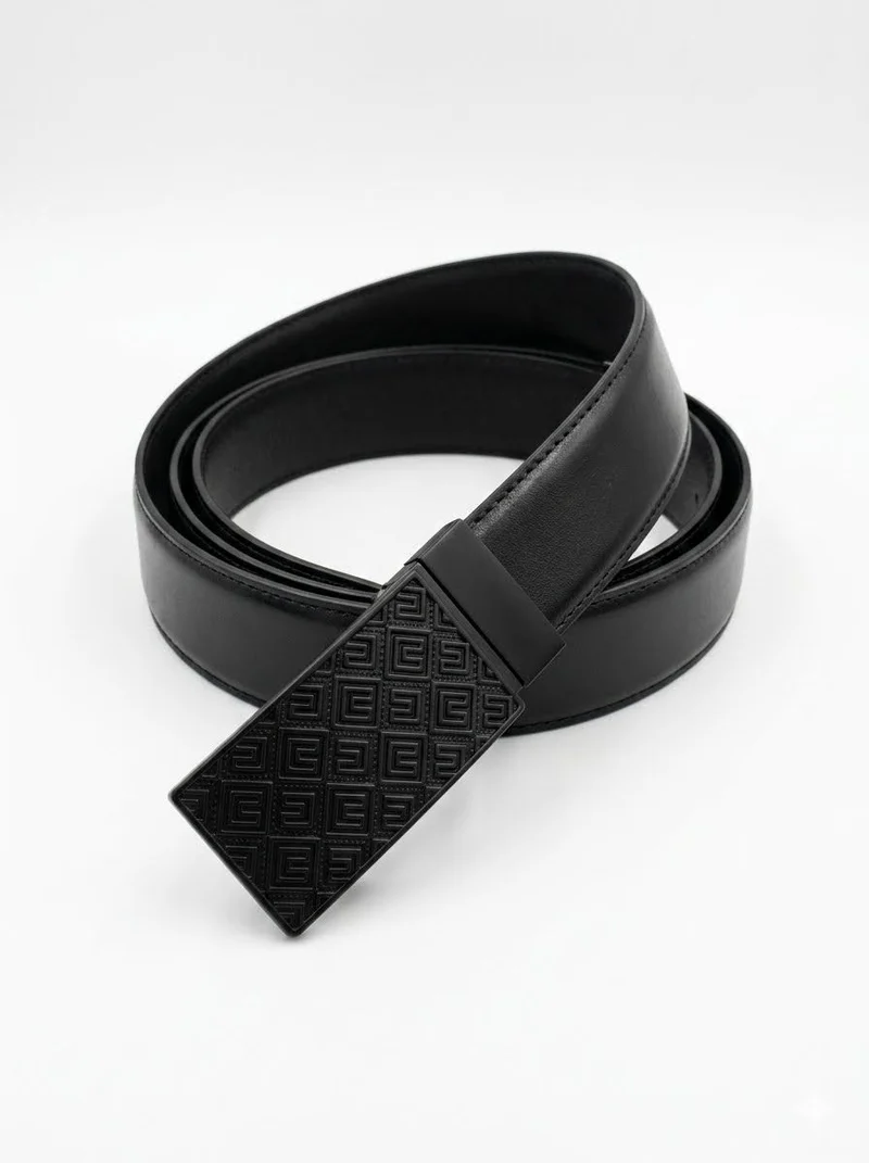 Rectangular Automatic Buckle Leather Belt - Black