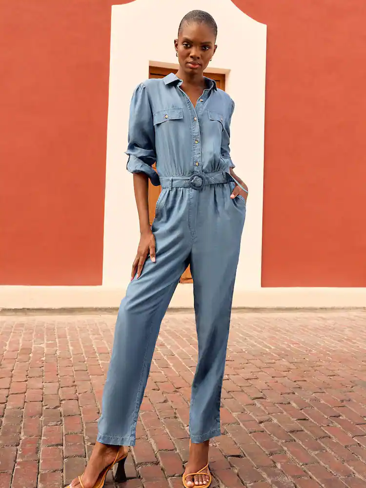 Blue Petite Tencel Button Through Belted Utility Jumpsuit