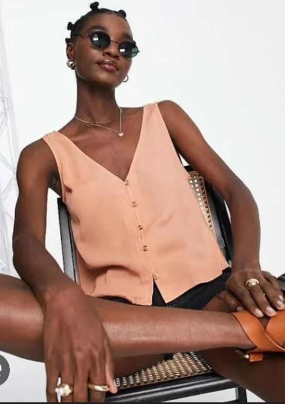 V-Neck Crinkle Vest With Shell Buttons In Soft Rust