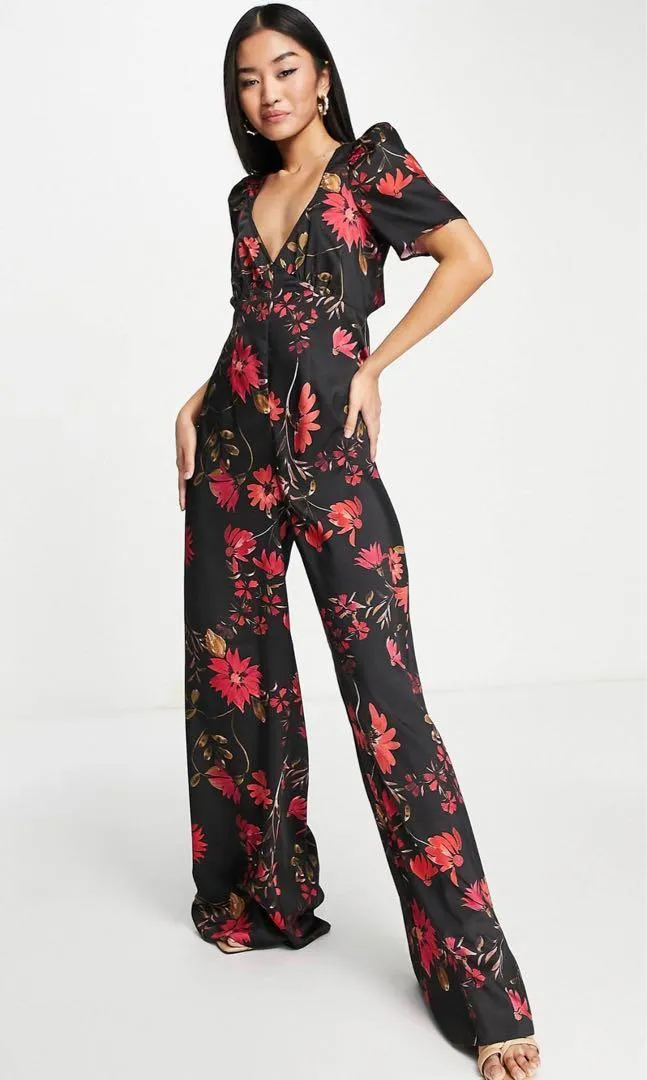 Satin Button Back Tea Jumpsuit In Black Floral