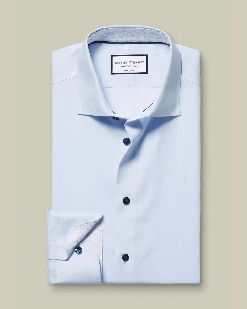 Non-Iron Stretch Printed Trim Slim Fit Shirt - Sky Blue