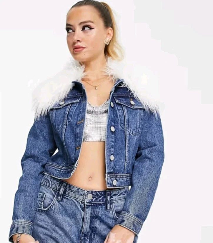 Miss Selfridge Fur Collar Denim Jacket In Dark Wash