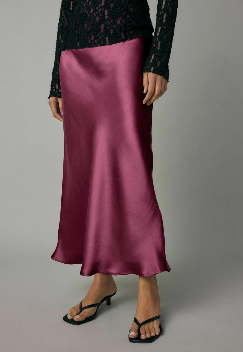 Dark Pink Satin Midi Skirt
