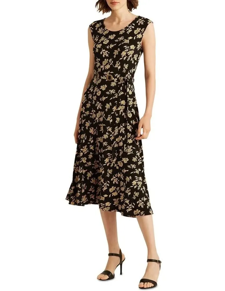 Floral Belted Jersey Cap Sleeve Dress In Black
