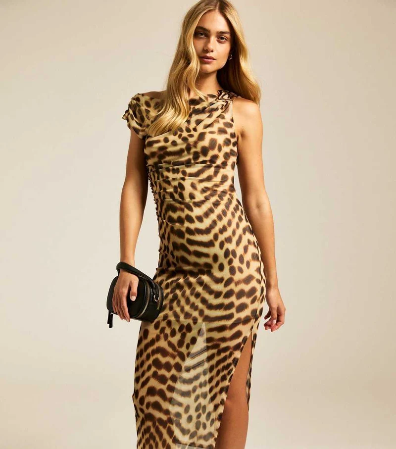 Brown Leopard Print One Shoulder Midi Dress