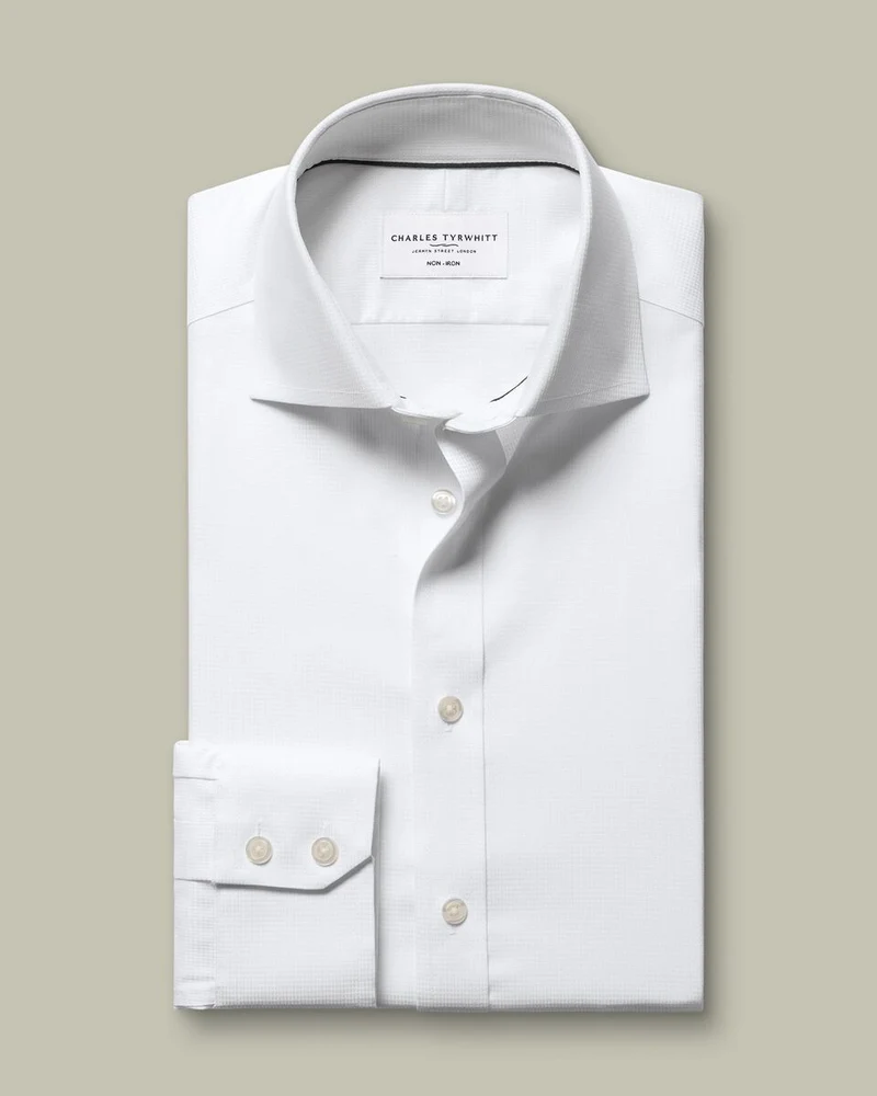 Cutaway Collar Non-Iron Stretch Greenwich Weave Slim Fit Shirt – White