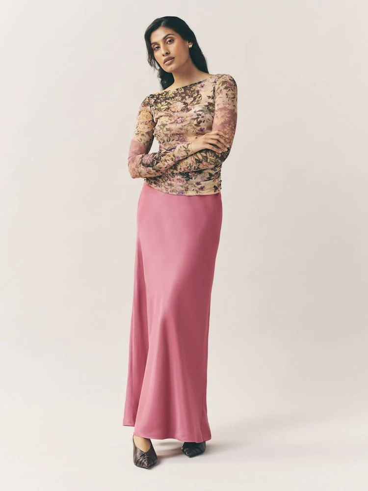 Pink Satin Midi Skirt