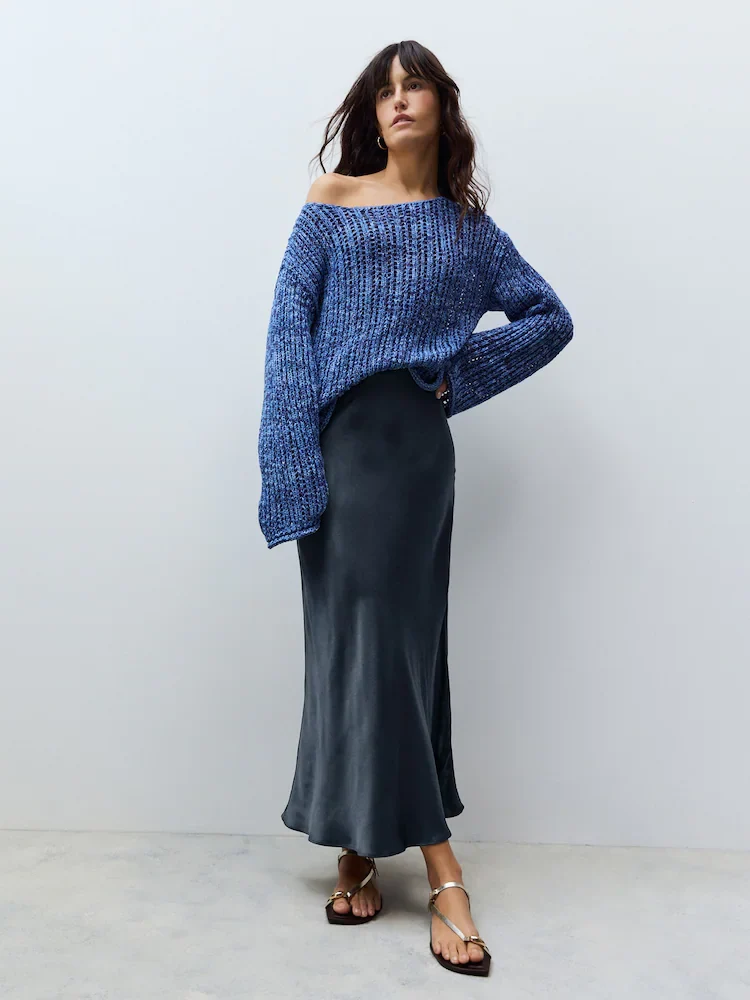 Navy Blue Satin Midi Skirt