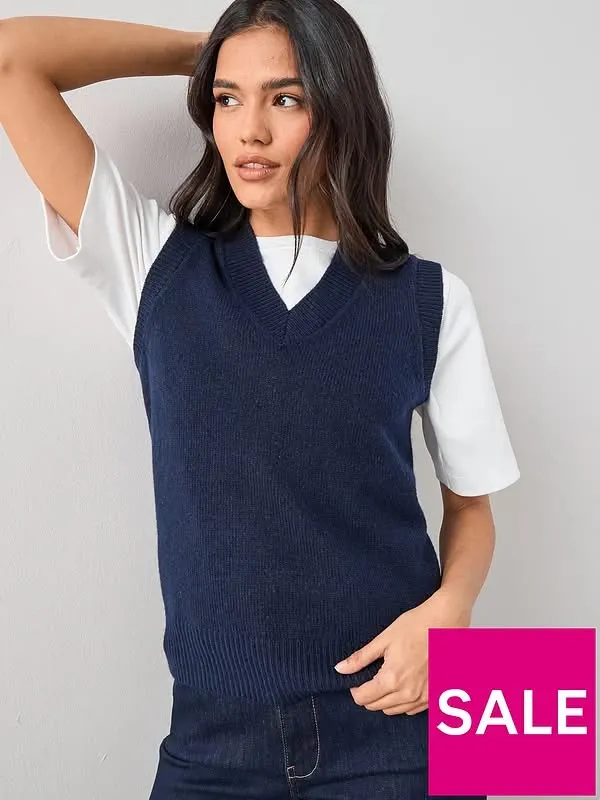 V- Neck Knitted Tank - Navy Blue
