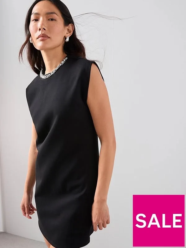 Embellished High Neck Shift Dress Black
