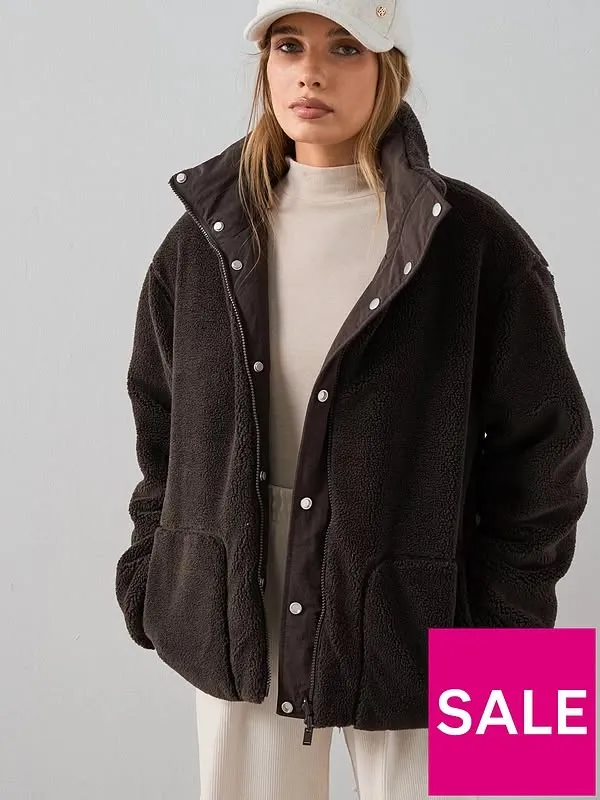 Reversible Quilted Jacket With Borg Collar - Brown