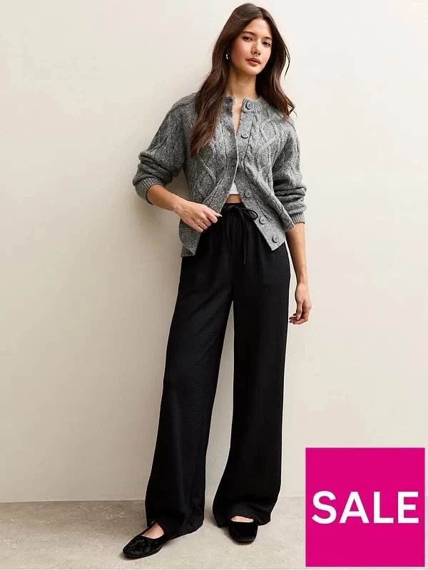 Black Textured Wide Leg Trouser