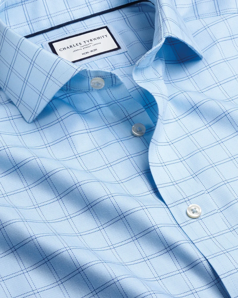 Double Cuff Extra Slim Fit Cutaway Collar Non-Iron Mayfair Weave Check Shirt - Sky Blue
