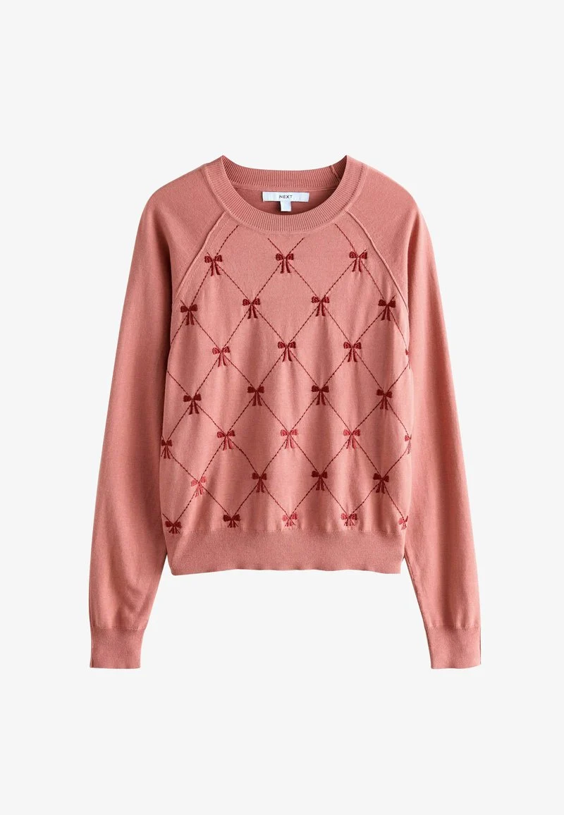 Soft Touch Crew Neck Jumper Pink Blush Embroidered Bow